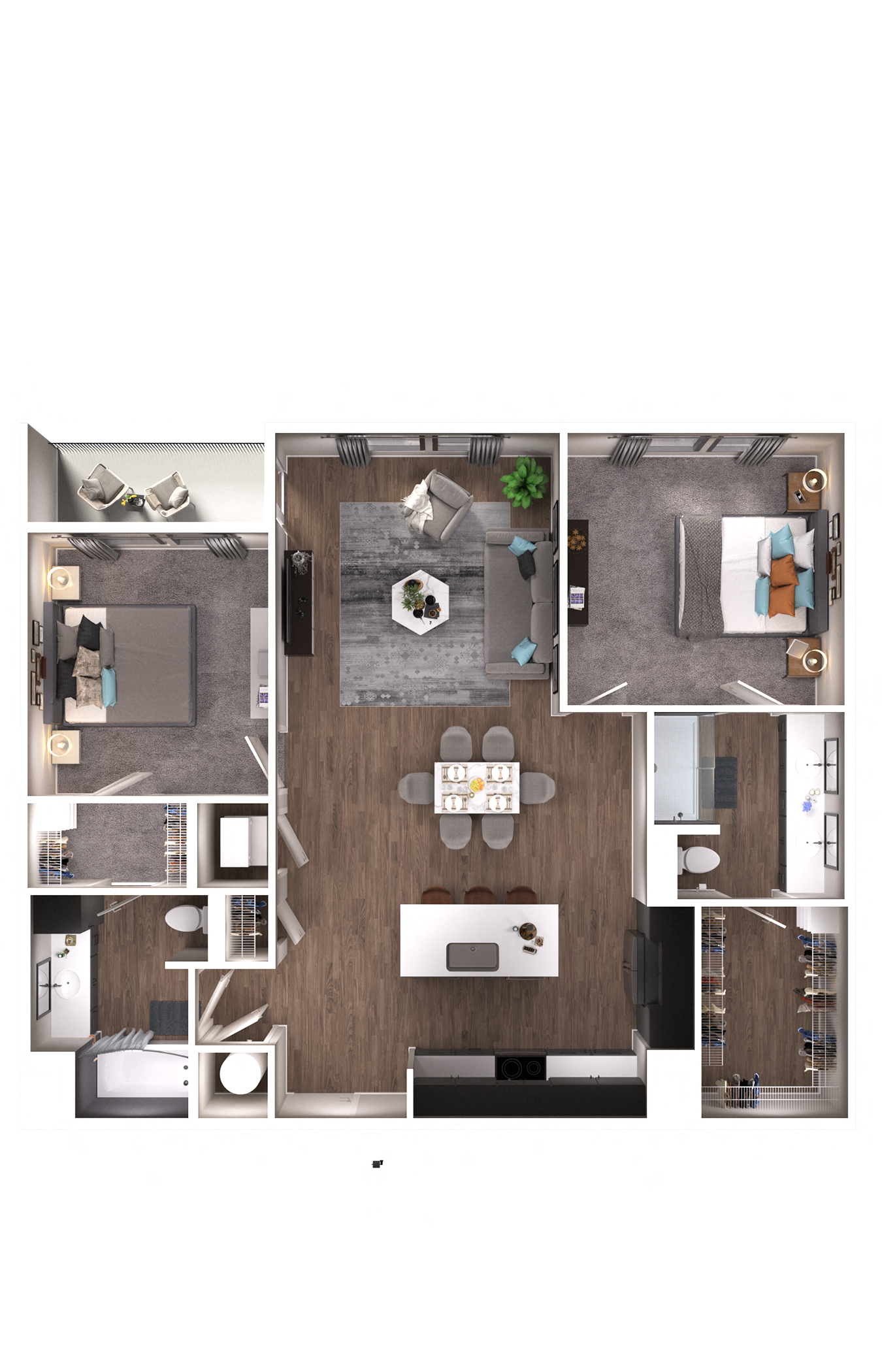 Floor plan for 2 beds, 2 baths, 1166 sqft